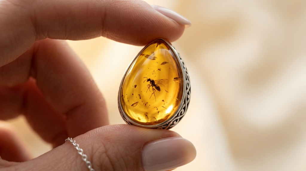 Nahaufnahme baltischer Bernstein mit Insekten-Einschluss – fossiles Harz Inklusion | TomCrow Jewellery