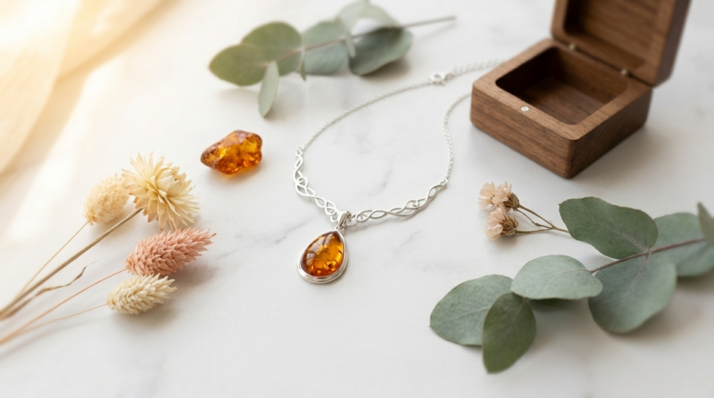 Bernsteinschmuck Flatlay – Sterlingsilber-Kette mit baltischem Bernstein-Anhänger auf weißem Marmor | TomCrow Jewellery