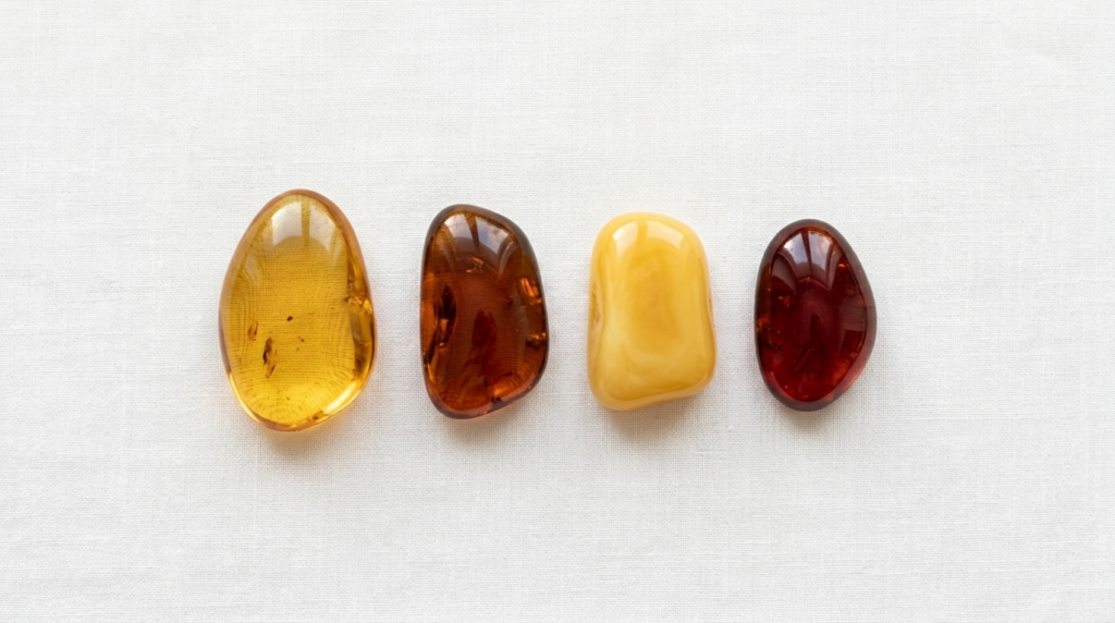 Verschiedene Bernstein-Sorten und Farben – Honiggelb, Cognac, Milchbernstein und Kirschbernstein im Vergleich