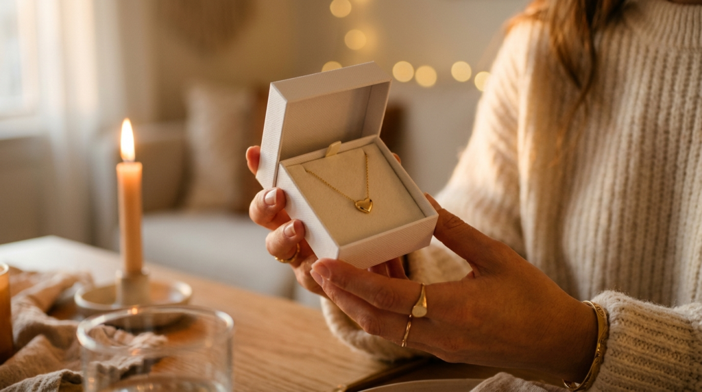 Schmuck verschenken Frauen - Goldanhaenger in Schmuckbox als Geburtstagsgeschenk | TomCrow Jewellery