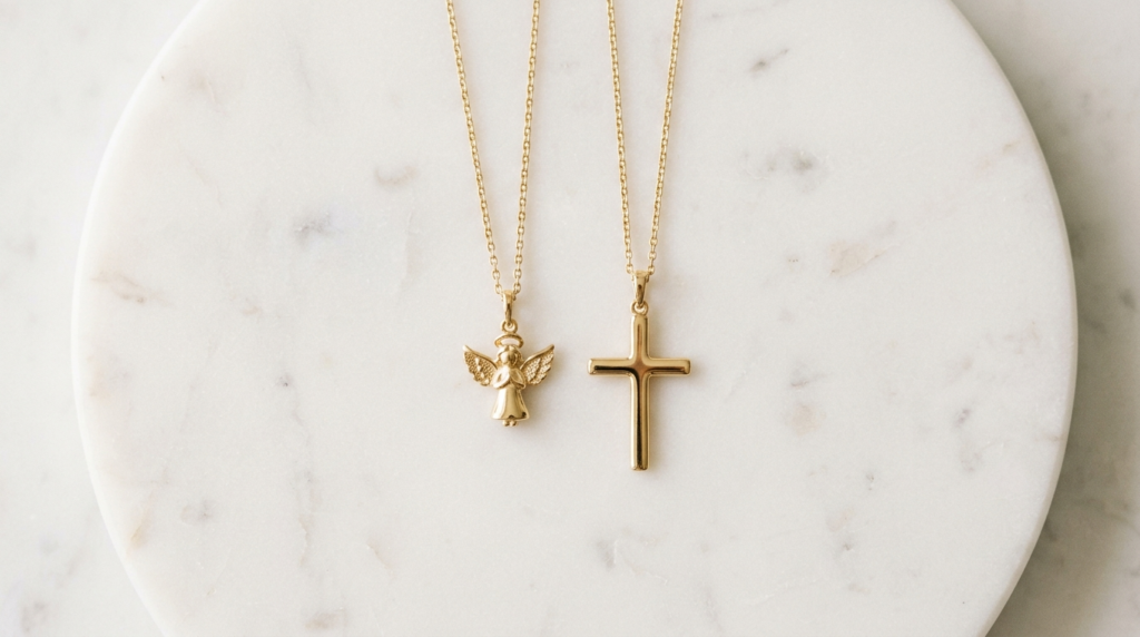 Schutzengel und Kreuzanhänger aus 585 Gold nebeneinander – Symbolik Kommunionschmuck TomCrow Jewellery
