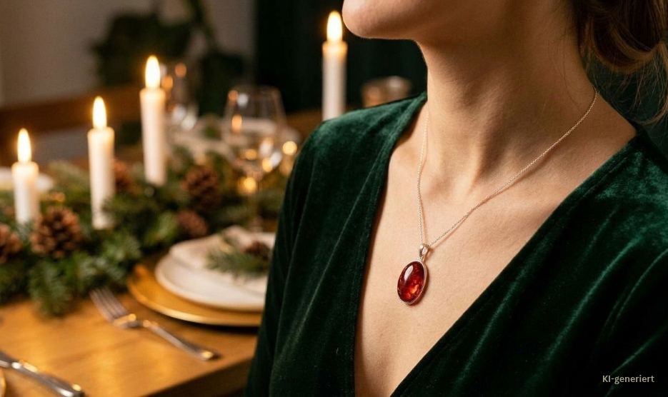 Weihnachtsgeschenk Schmuck für Frauen: kirschroter Bernstein-Anhänger in Silber | TomCrow Jewellery